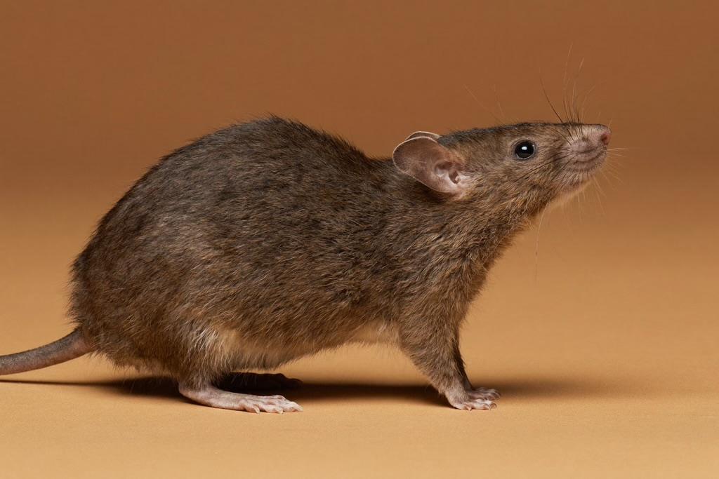 Rat brun (Rattus norvegicus) de profil, pelage brun-gris, vu en studio