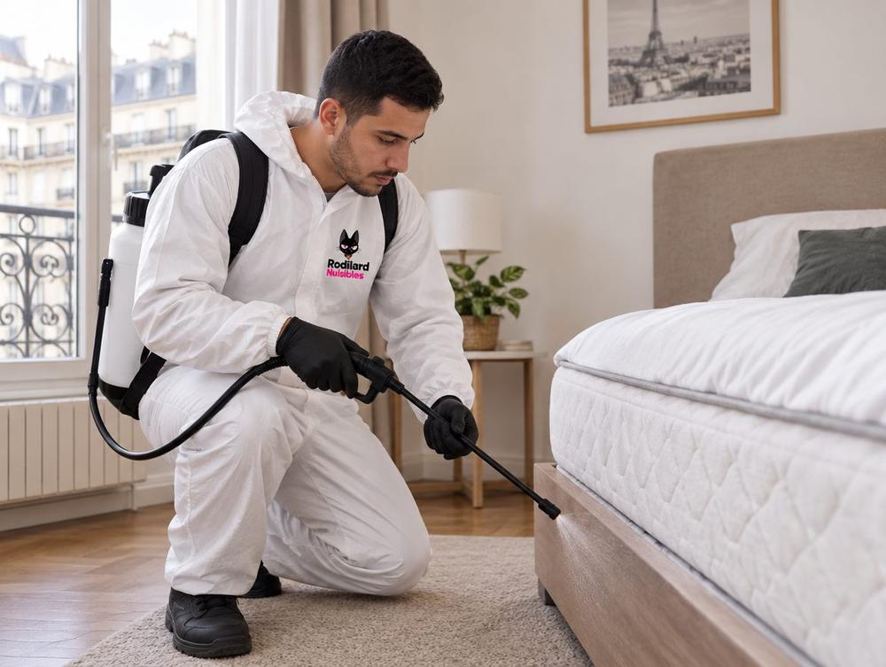 Technicien Rodilard en combinaison, traitement punaises de lit le long d'un sommier